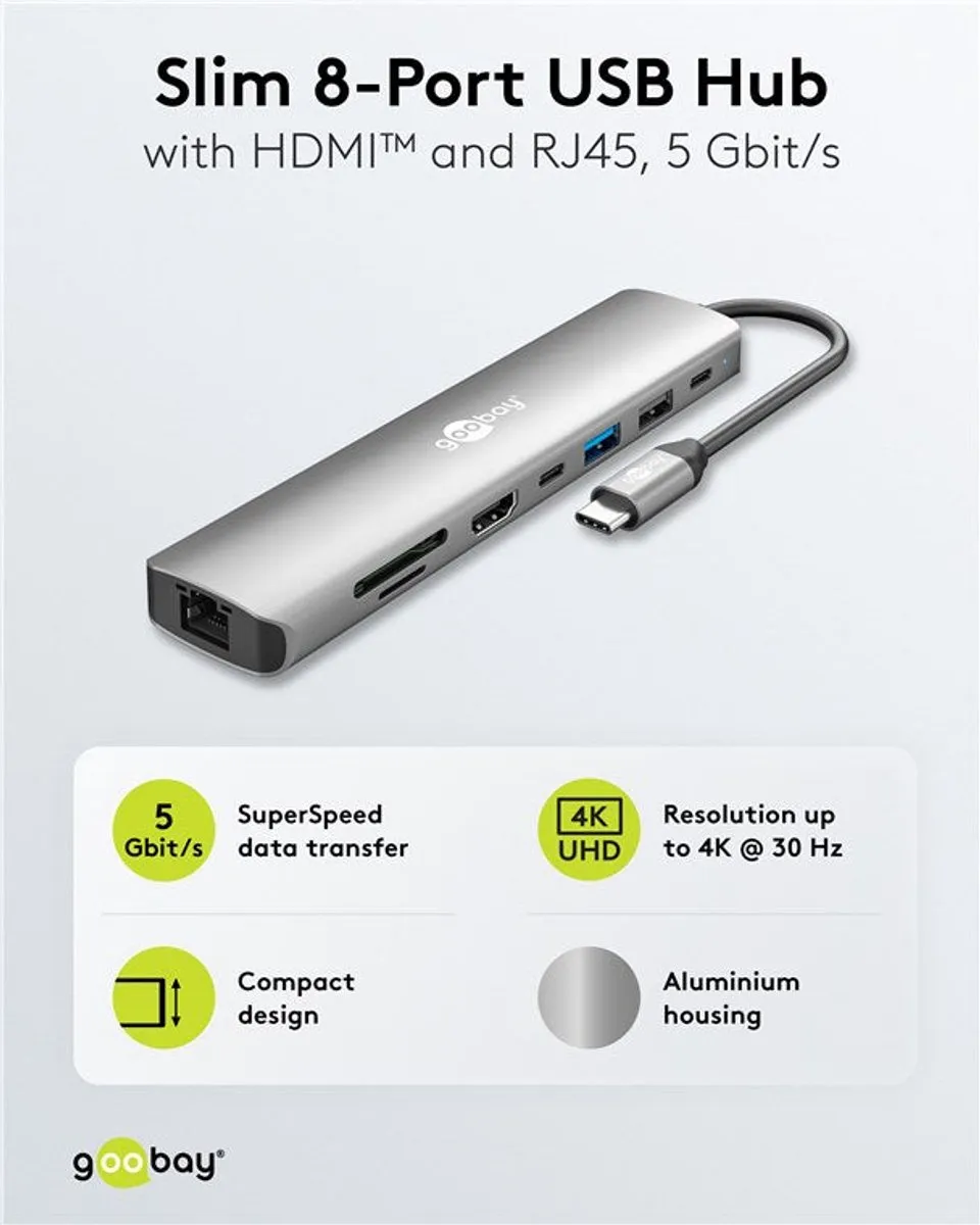 Goobay 79146 USB-C Hub 8 Poorten - HDMI & RJ45 5Gbit/s - Grijs