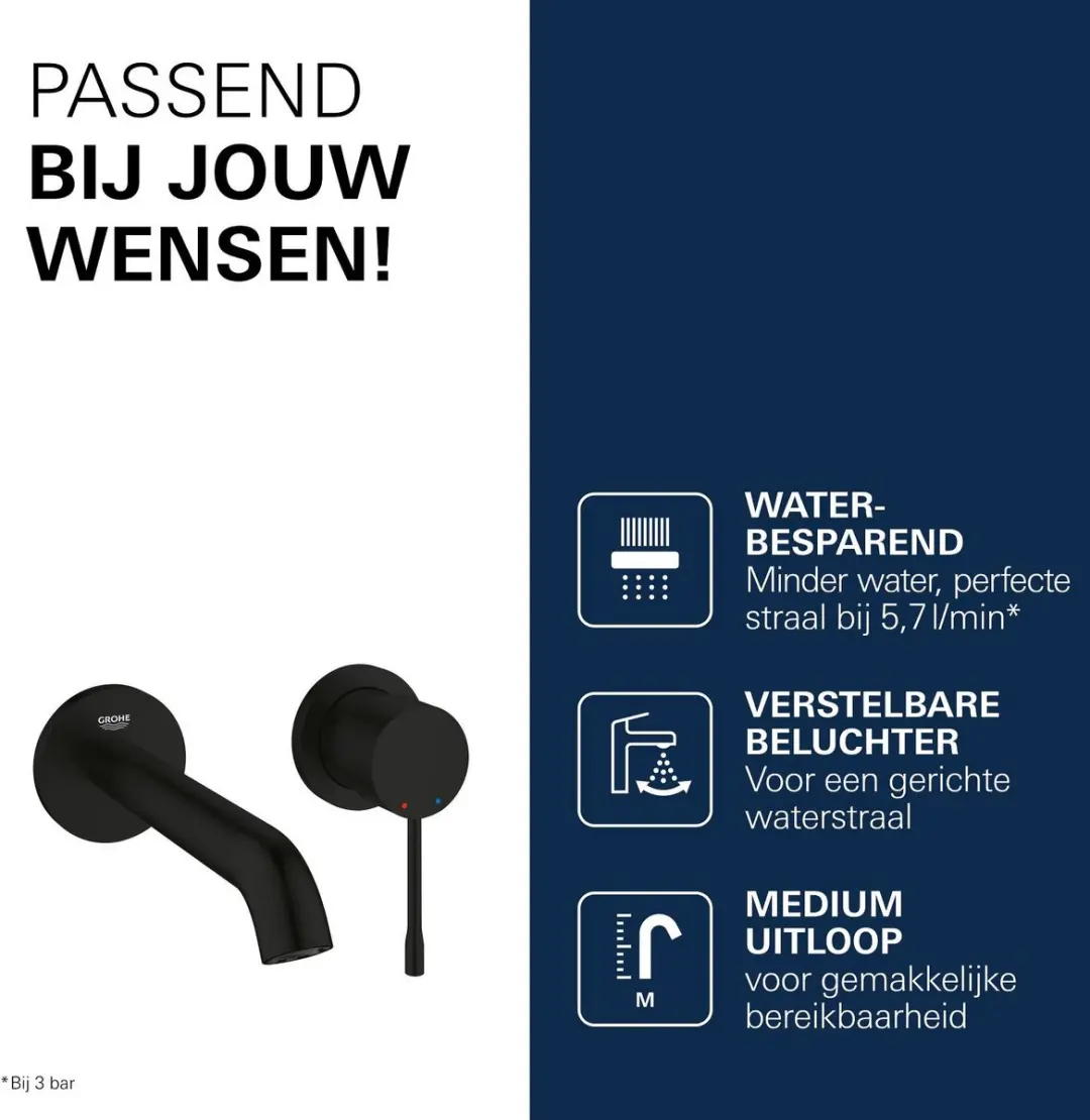 GROHE Essence M-Size 2-gats Wastafelmengkraan - Matte Black - afbeelding 5 van 6