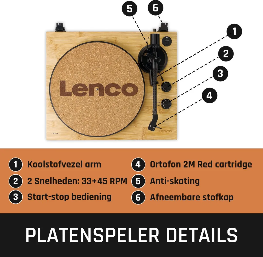 Lenco LBT-335BA Platenspeler Bundel - Bamboe + Cleaning Kit