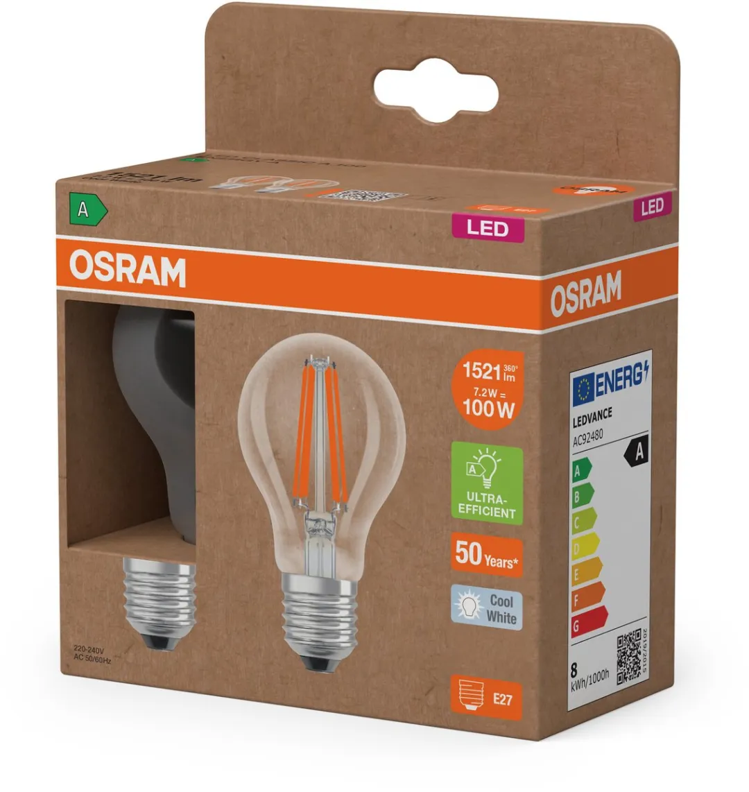 Osram Energy Class LED-lamp E27 7,2W 1521lm Koelwit - 2 Stuks - afbeelding 6 van 6