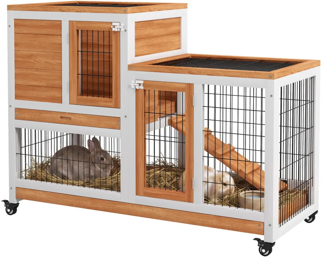 ECTEATOY® Konijnenhok Binnen op Wielen met Ren Hout 110x50x88 cm Geel
