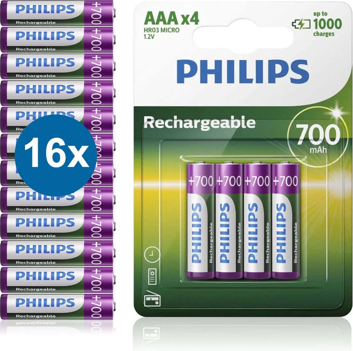 Philips HR03 Oplaadbare AAA Batterijen 700mAh - 16 Stuks - afbeelding 6 van 6
