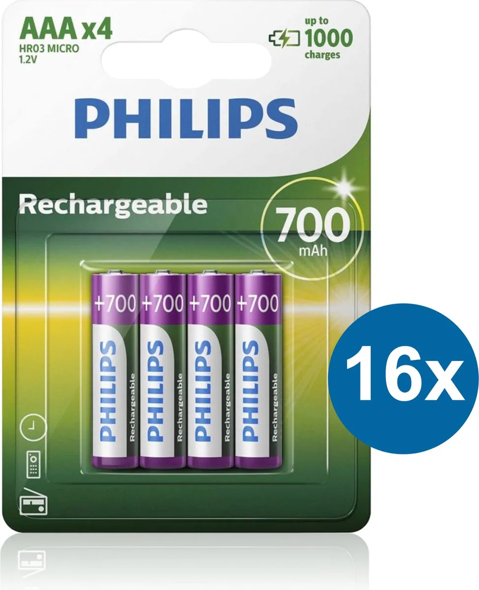 Philips HR03 Oplaadbare AAA Batterijen 700mAh - 16 Stuks