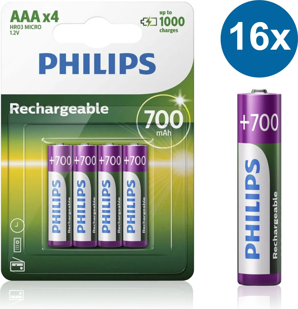 Philips HR03 Oplaadbare AAA Batterijen 700mAh - 16 Stuks