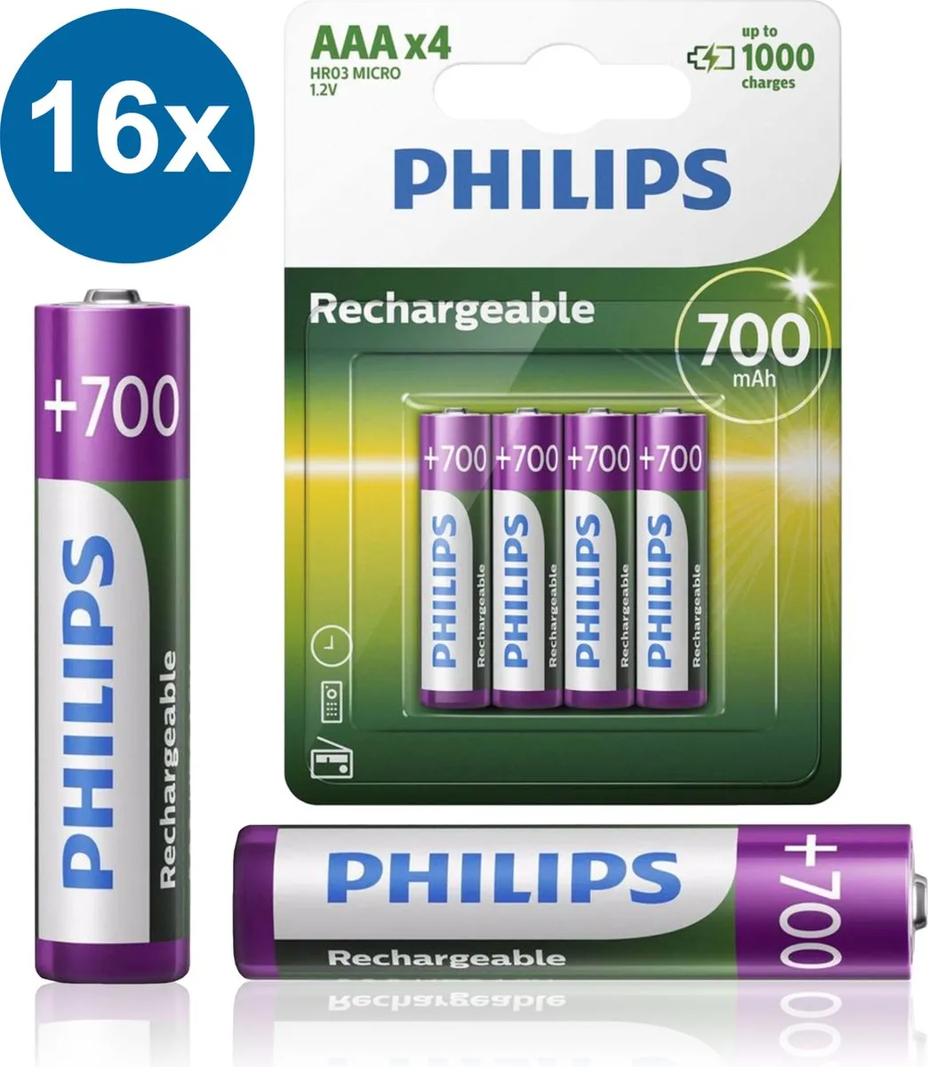 Philips HR03 Oplaadbare AAA Batterijen 700mAh - 16 Stuks