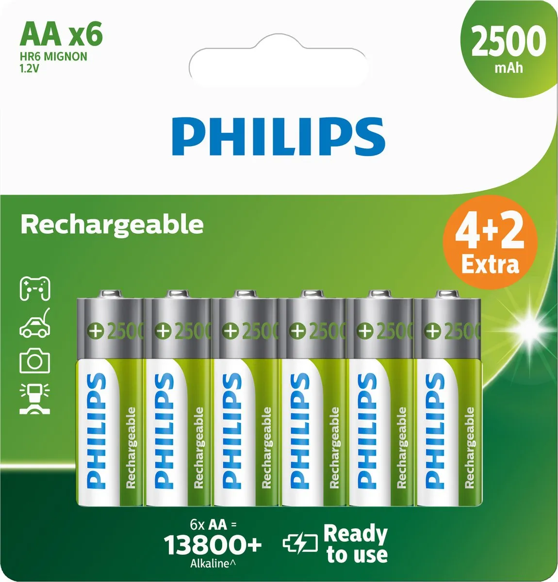 Philips AA Oplaadbare Batterijen 2500mAh - 6 Stuks
