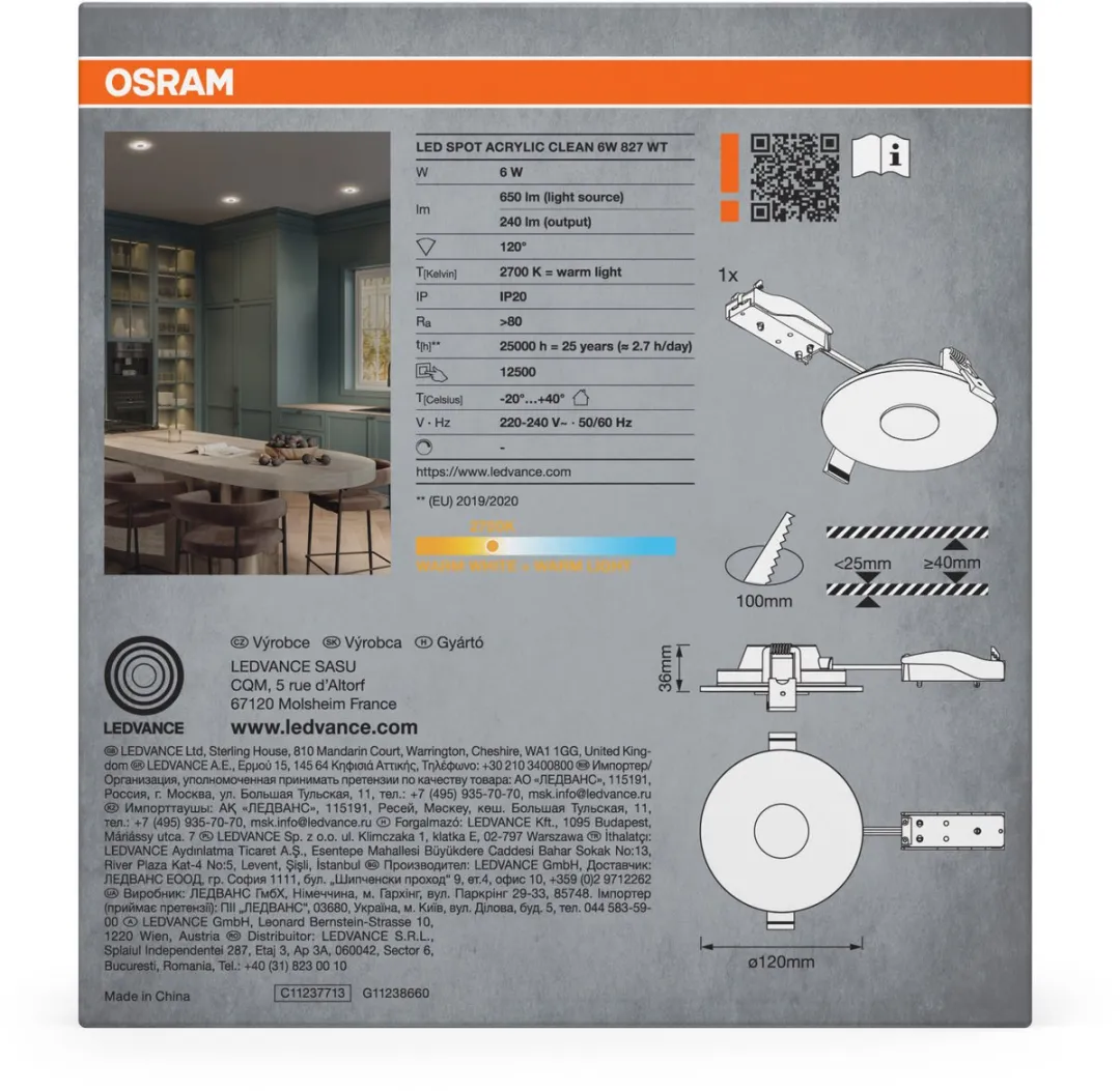 Osram LED Inbouwspot Acryl 6W Warm Wit 2700K - 120mm