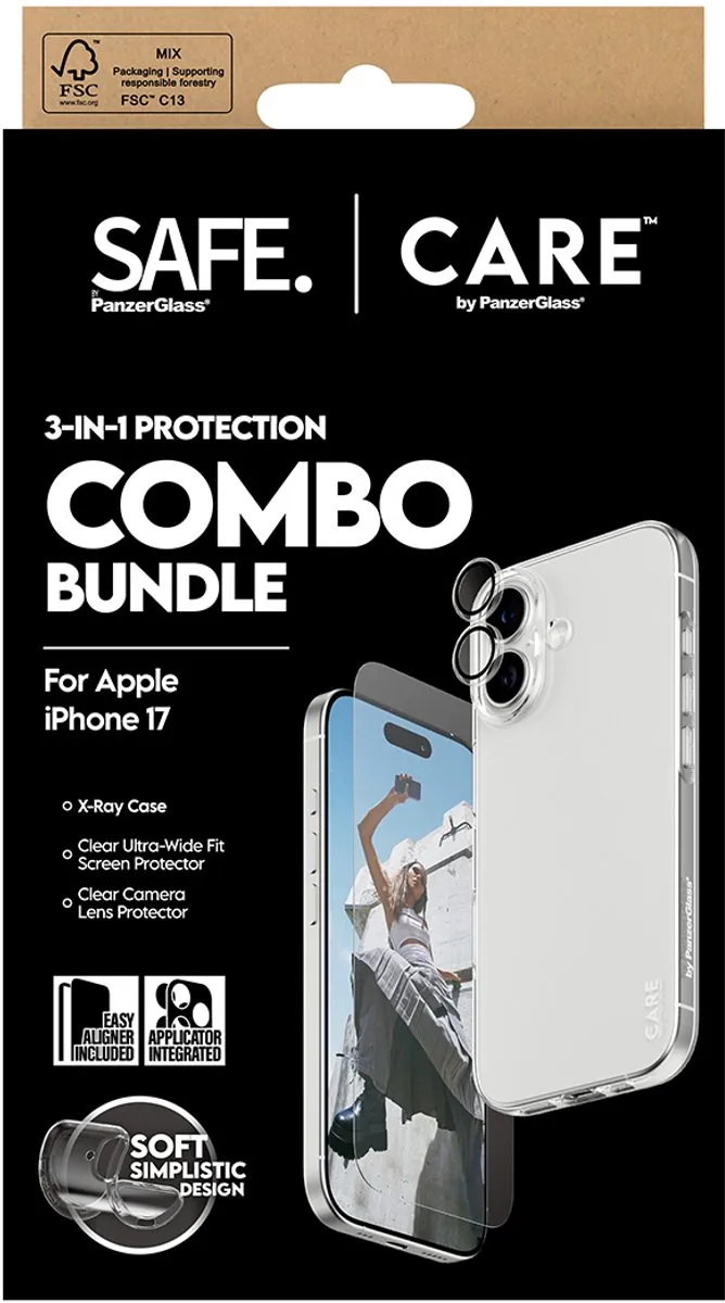 PanzerGlass SAFE. CARE 3-in-1 Combo iPhone 17 - Doorzichtige schermbeschermer