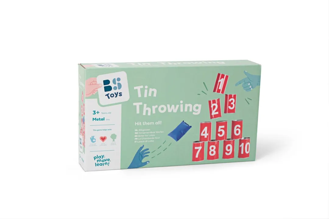 BS Toys Blikgooien Werpspel - Speelgoed Pittenzak Gooien - Kinderspeelgoed vanaf 3 Jaar - Buitenspeelgoed - 10 Blikken - Rood - Spelletjes voor kinderen - Buiten speelgoed - Buitenspel - Buiten Spellen - Tuin Speelgoed - Cadeau kind