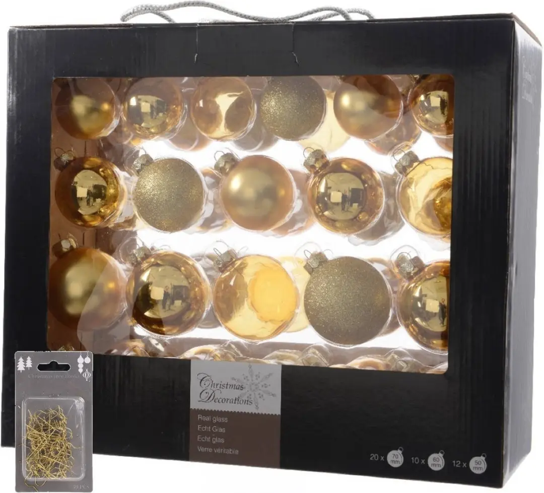 Kerstversiering glazen kerstballen pakket 5-6-7 cm goud mix 42x stuks met goudkl