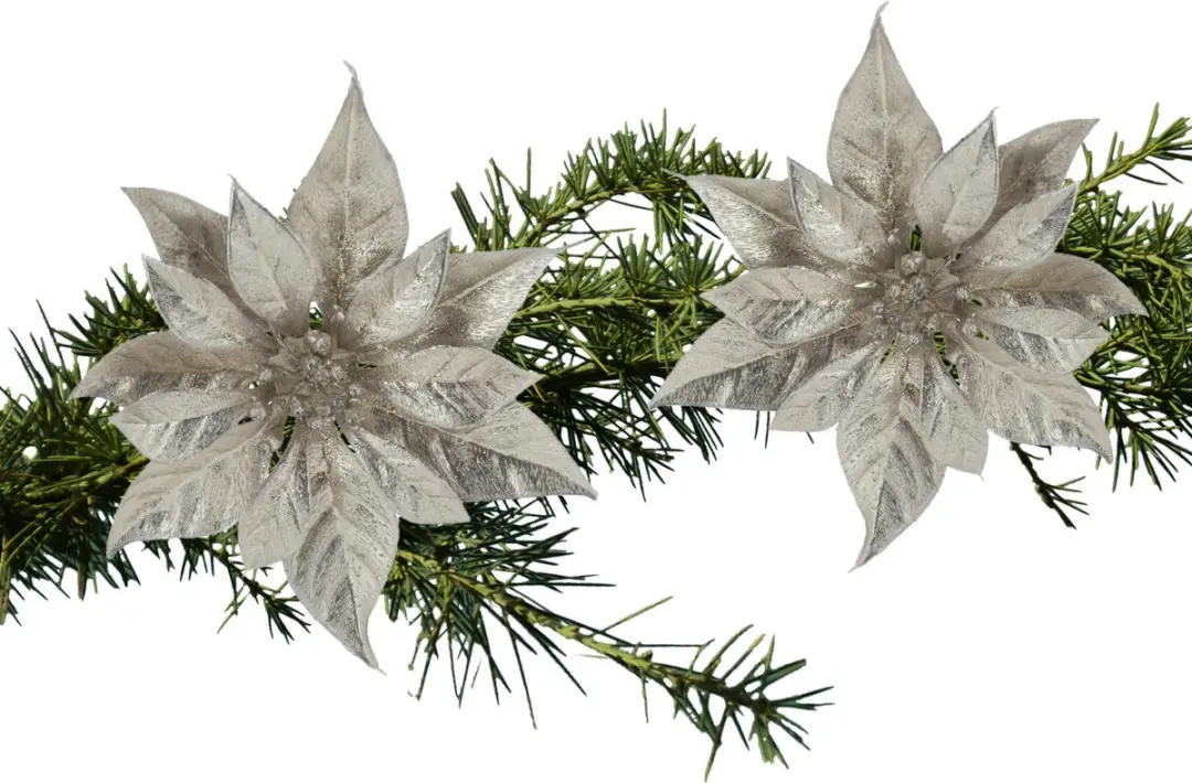 Decoratie bloem kerststerren - 2x stuks - champagne glitter - op clip - 18 cm - kerstboomversiering