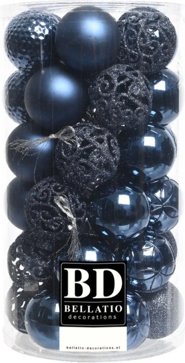 37x stuks kunststof kerstballen donkerblauw 6 cm inclusief kerstbalhaakjes