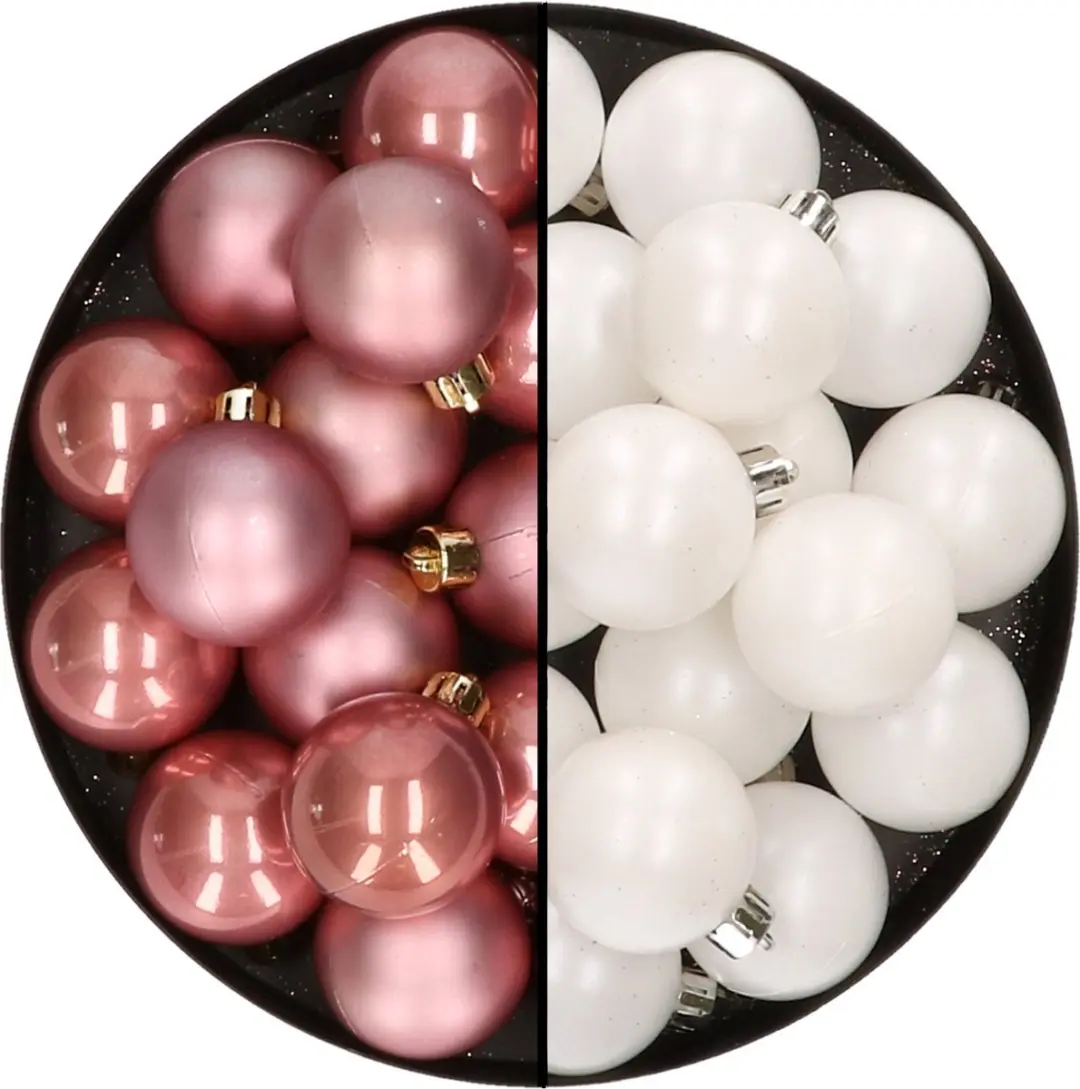 32x stuks kunststof kerstballen mix van oudroze en wit 4 cm