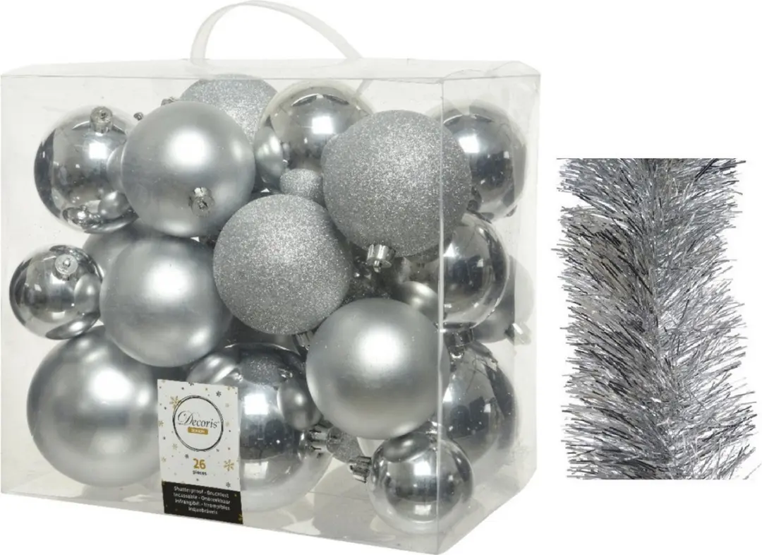 Decoris kerstballen en folieslingers kunststof 28 stuks