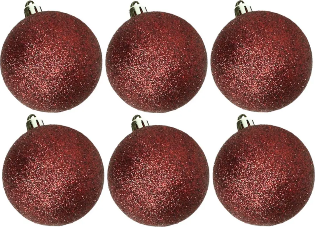 6x stuks kunststof glitter kerstballen donkerrood 6 cm