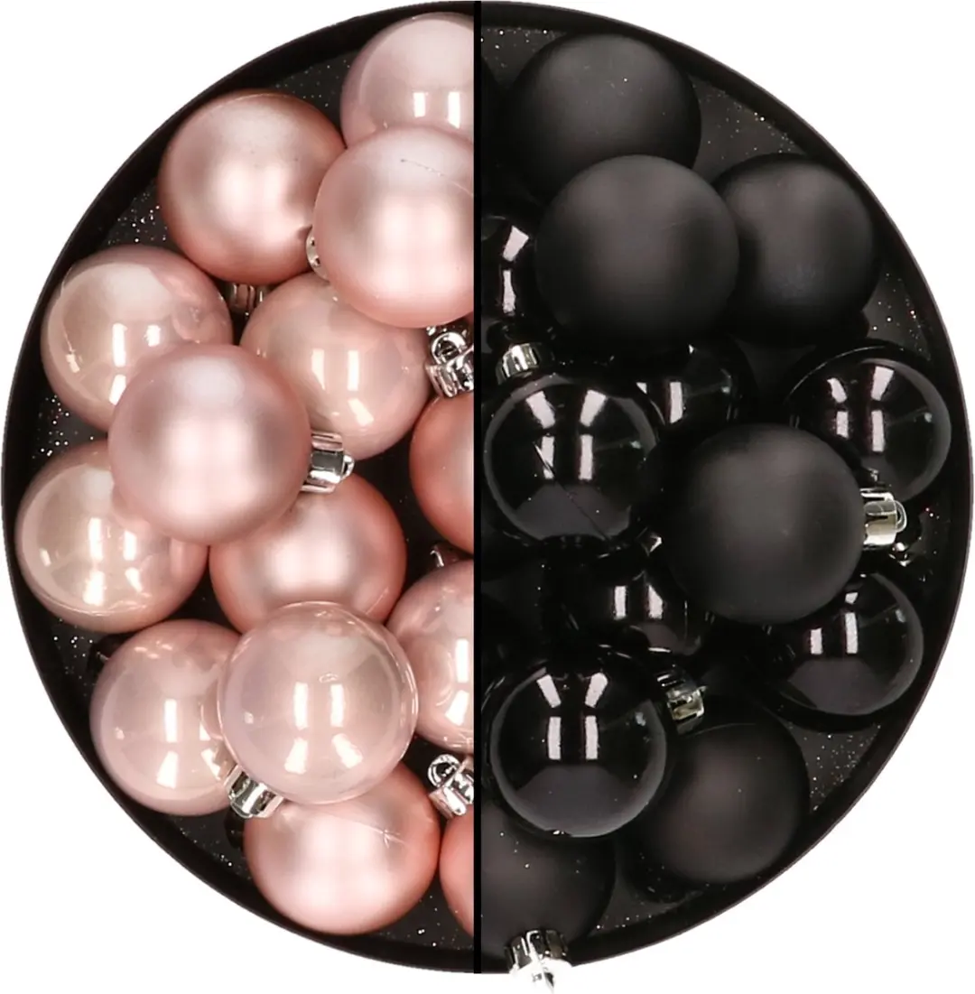 32x stuks kunststof kerstballen mix van lichtroze en zwart 4 cm