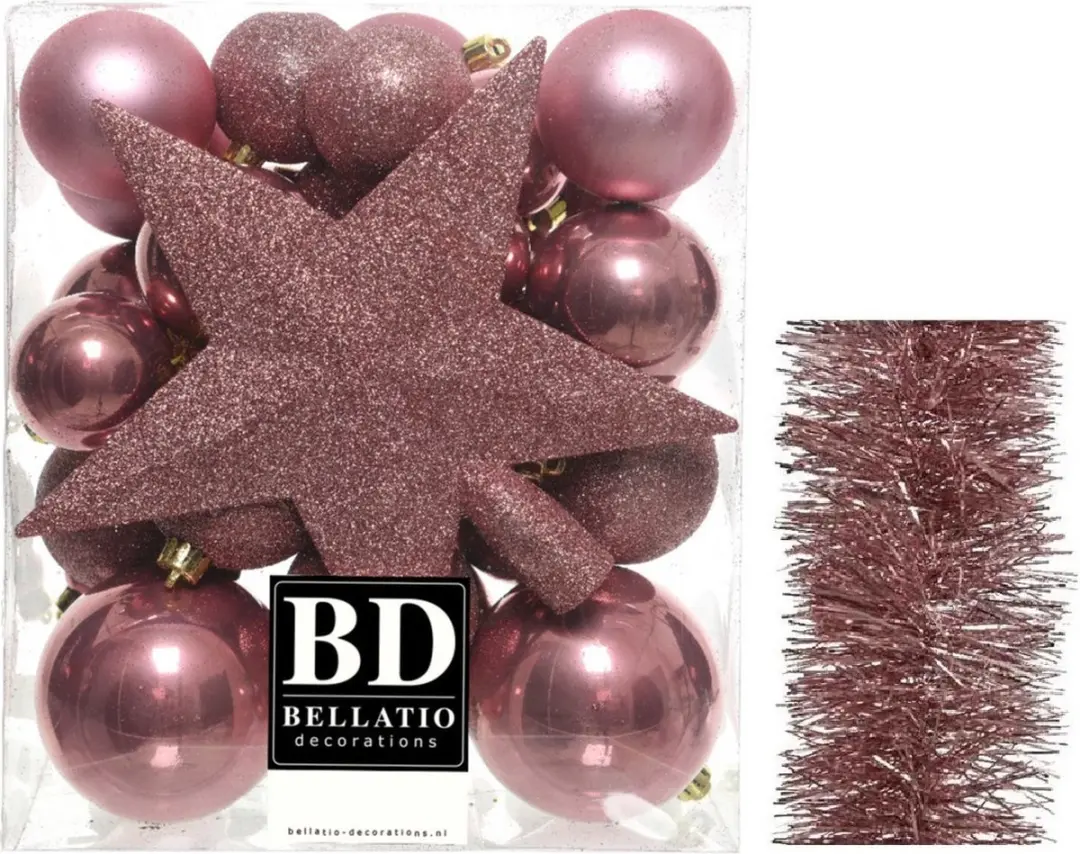 Kerstversiering kunststof kerstballen 5-6-8 cm met ster piek en folieslingers pa