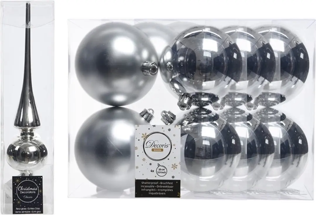 Kerstboom decoratie zilver piek en 12x kerstballen 10 cm