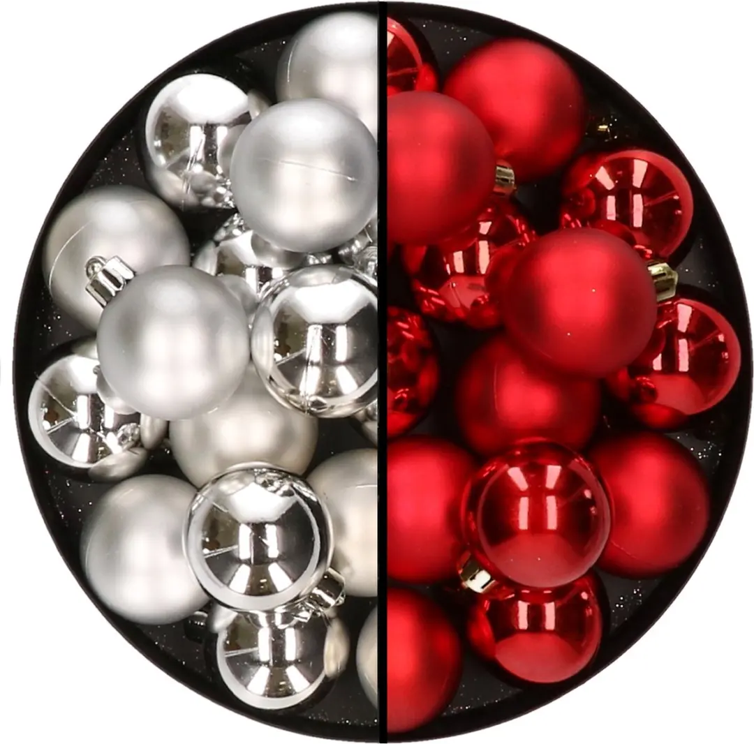 32x stuks kunststof kerstballen mix van zilver en rood 4 cm