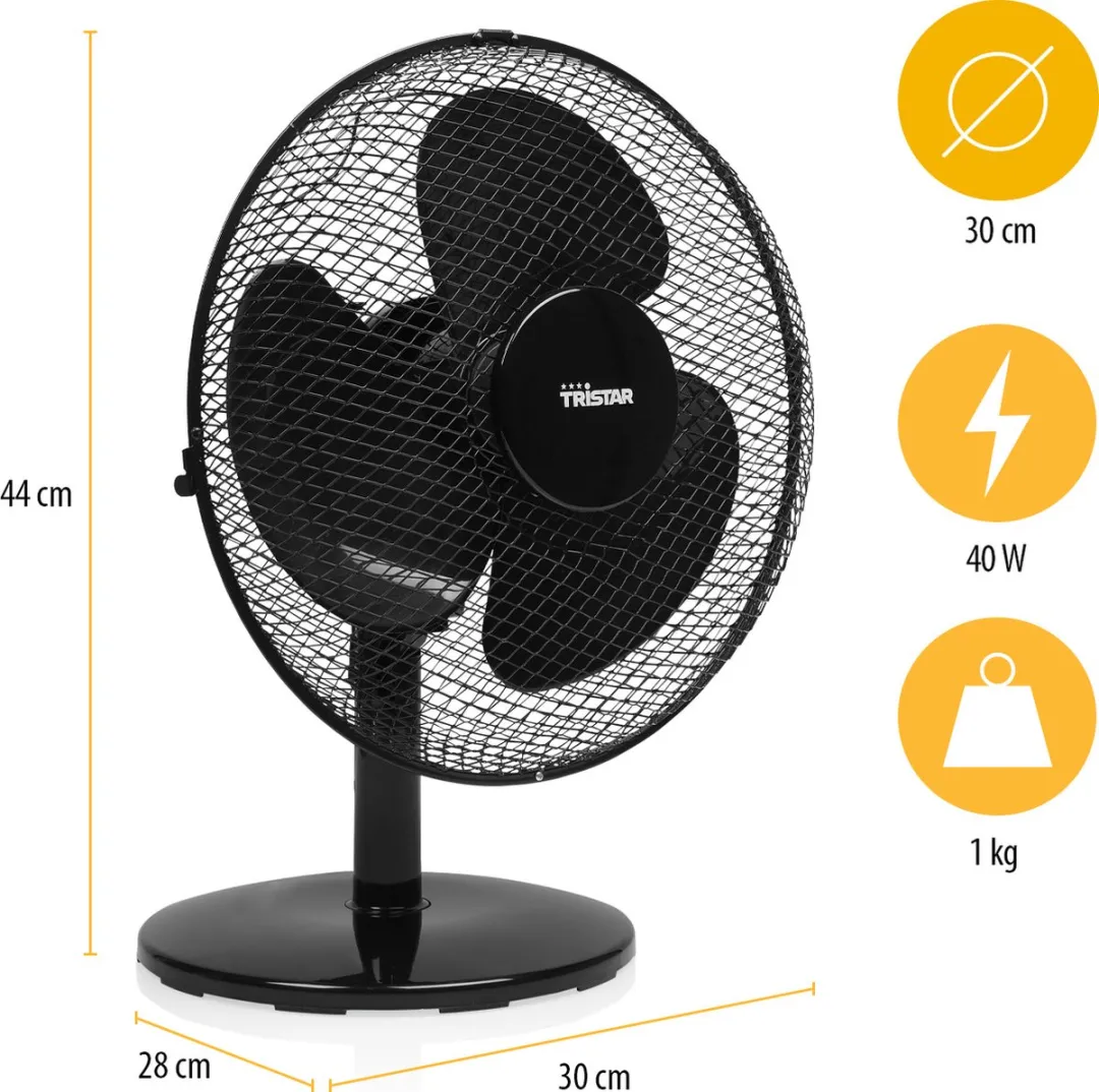 Tristar VE-5725 Tafelventilator 30cm - 3 Snelheden - 85° Oscillatie - Zwart
