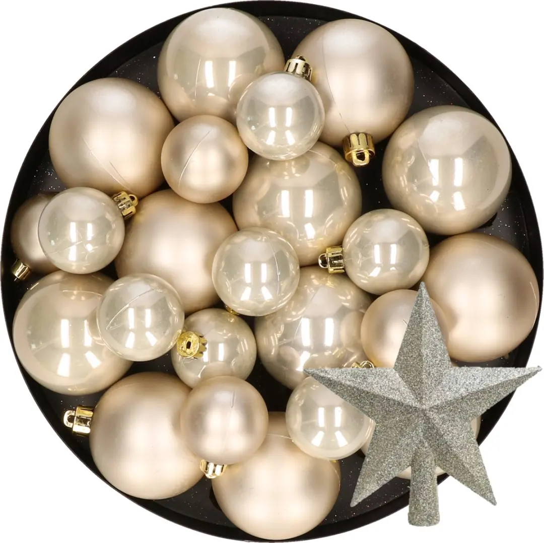 Kerstversiering kunststof kerstballen met piek parel/champagne 6-8-10 cm pakket