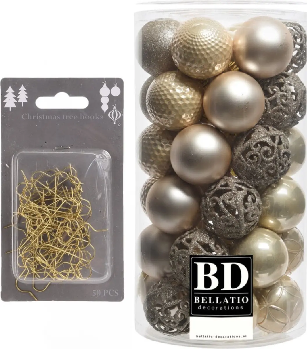 37x stuks kunststof kerstballen parel/champagne 6 cm inclusief gouden kerstboomh