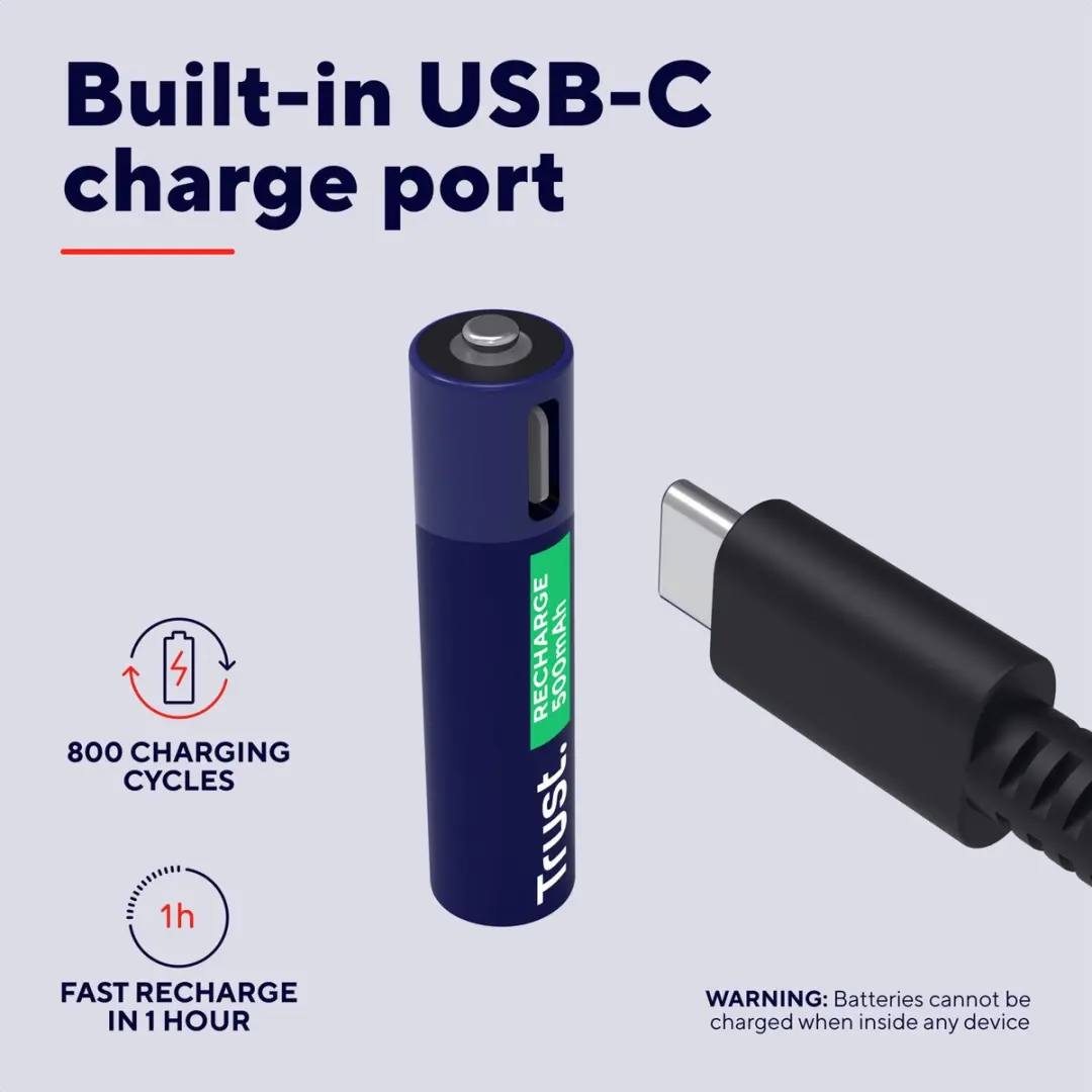 Trust USB-C Oplaadbare AAA Batterijen - 500mAh - 4 stuks - afbeelding 3 van 6
