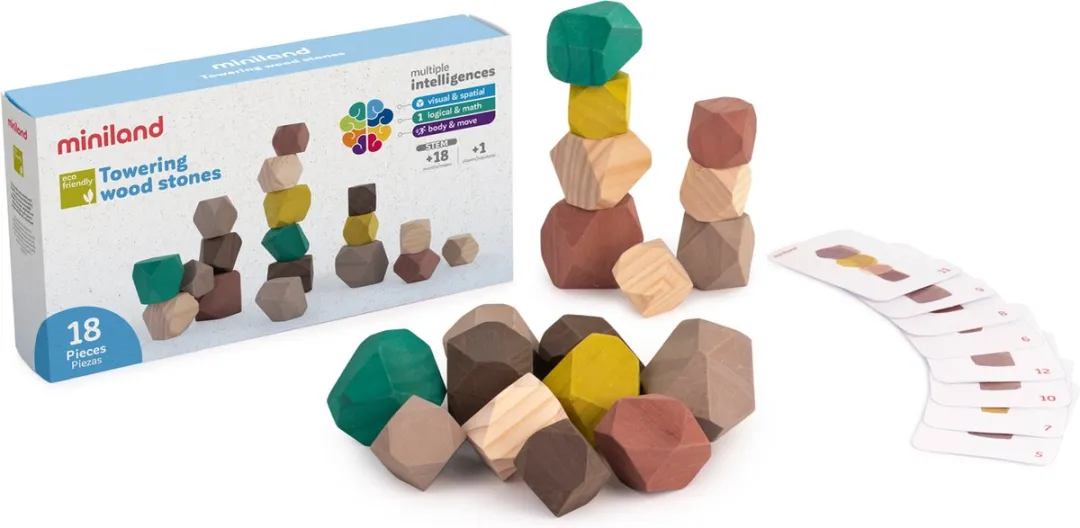 Miniland stapelstenen hout - Educatief speelgoed voor 18 maanden+ - 18 stenen