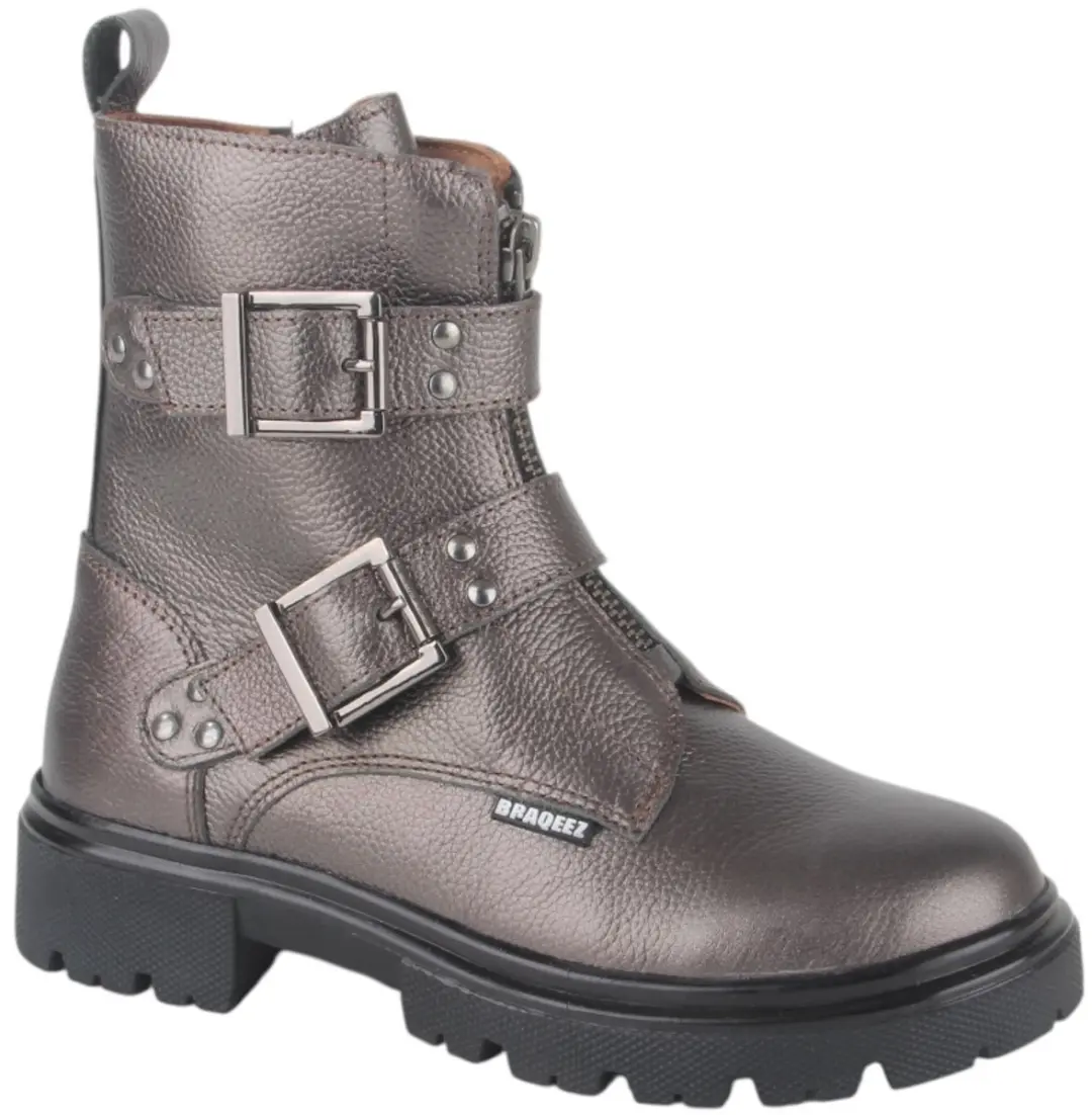 Braqeez 425783-592 Meisjes Biker Boots - Grijs - Leer - Gesp Met Rits - afbeelding 2 van 2