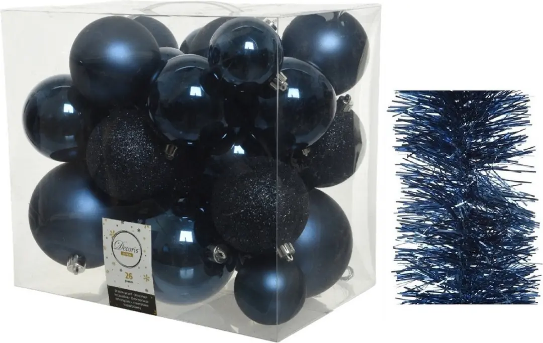 Kerstversiering kunststof kerstballen 6-8-10 cm met folieslingers pakket donkerb