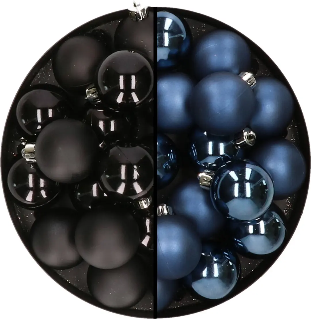 32x stuks kunststof kerstballen mix van zwart en donkerblauw 4 cm