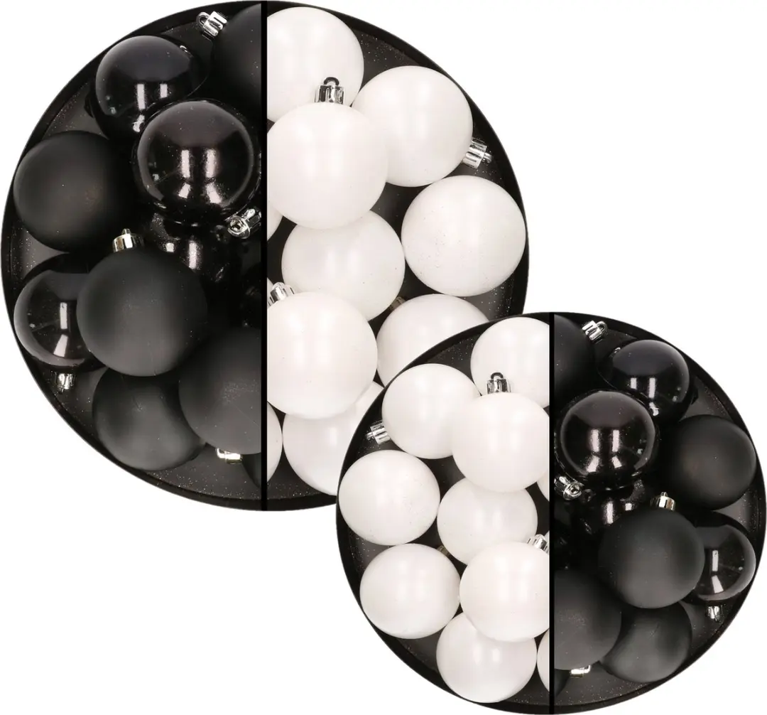 36x stuks kunststof kerstballen zwart en wit 6 en 8 cm