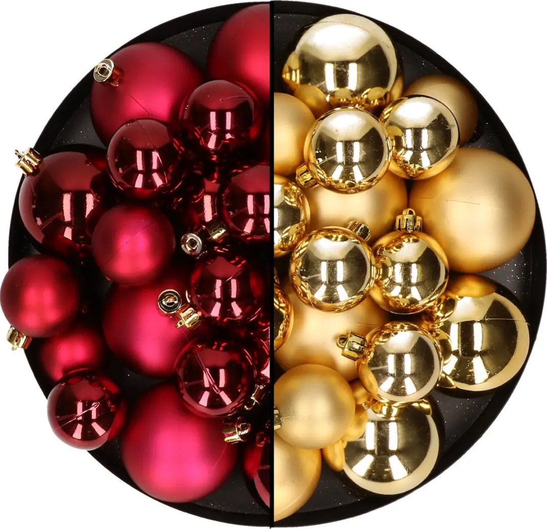Kerstversiering kunststof kerstballen kleuren mix donkerrood/goud 4-6-8 cm pakke