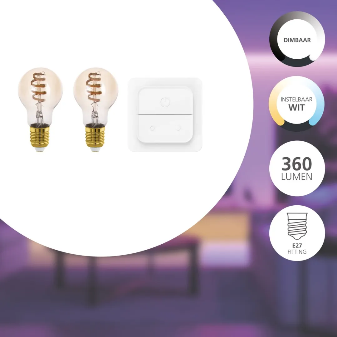 EGLO connect.z Smart Starterspakket - 2x E27 LED Lampen & Wandschakelaar - Instelbaar wit licht
