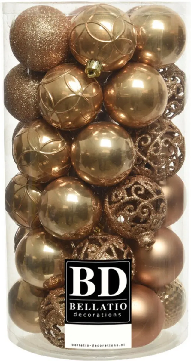 37x stuks kunststof kerstballen camel bruin 6 cm inclusief kerstbalhaakjes