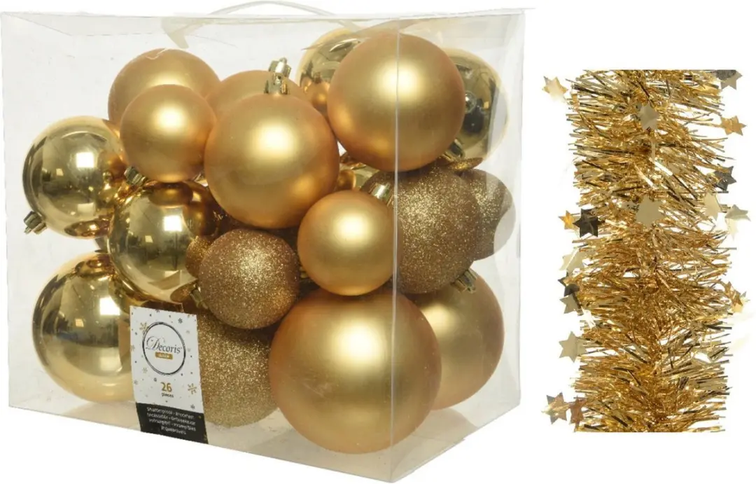 Kerstversiering kunststof kerstballen 6-8-10 cm met sterren folieslingers pakket