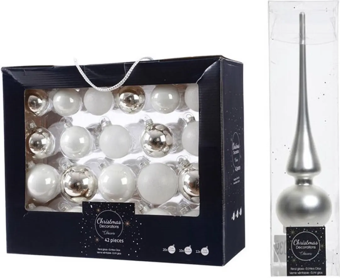 Decoris glazen kerstballen 42x wit zilver