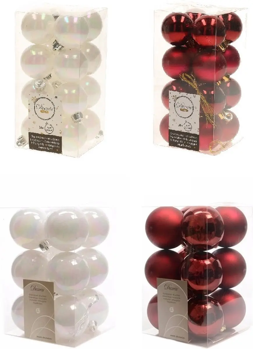 Kerstversiering kunststof kerstballen kleuren mix parelmoer wit/donkerrood 4 en