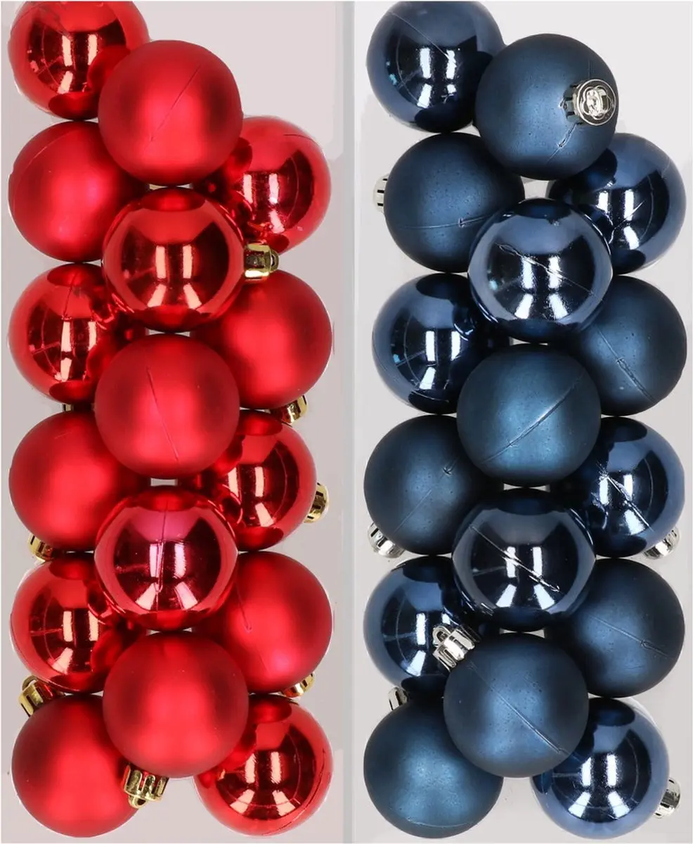 32x stuks kunststof kerstballen mix van rood en donkerblauw 4 cm