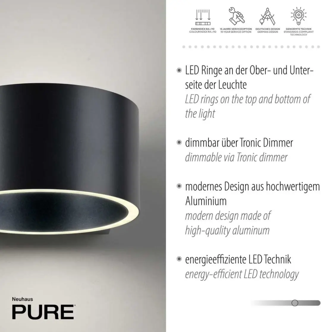 Paul Neuhaus PURE Clipse Wandlamp - Ø15cm - Antraciet - afbeelding 2 van 6