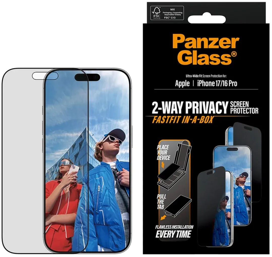 PanzerGlass Screenprotector geschikt voor Apple iPhone 16 Pro Glazen | PanzerGlass FastFit Screenprotector Privacy - Case Friendly - Zwart