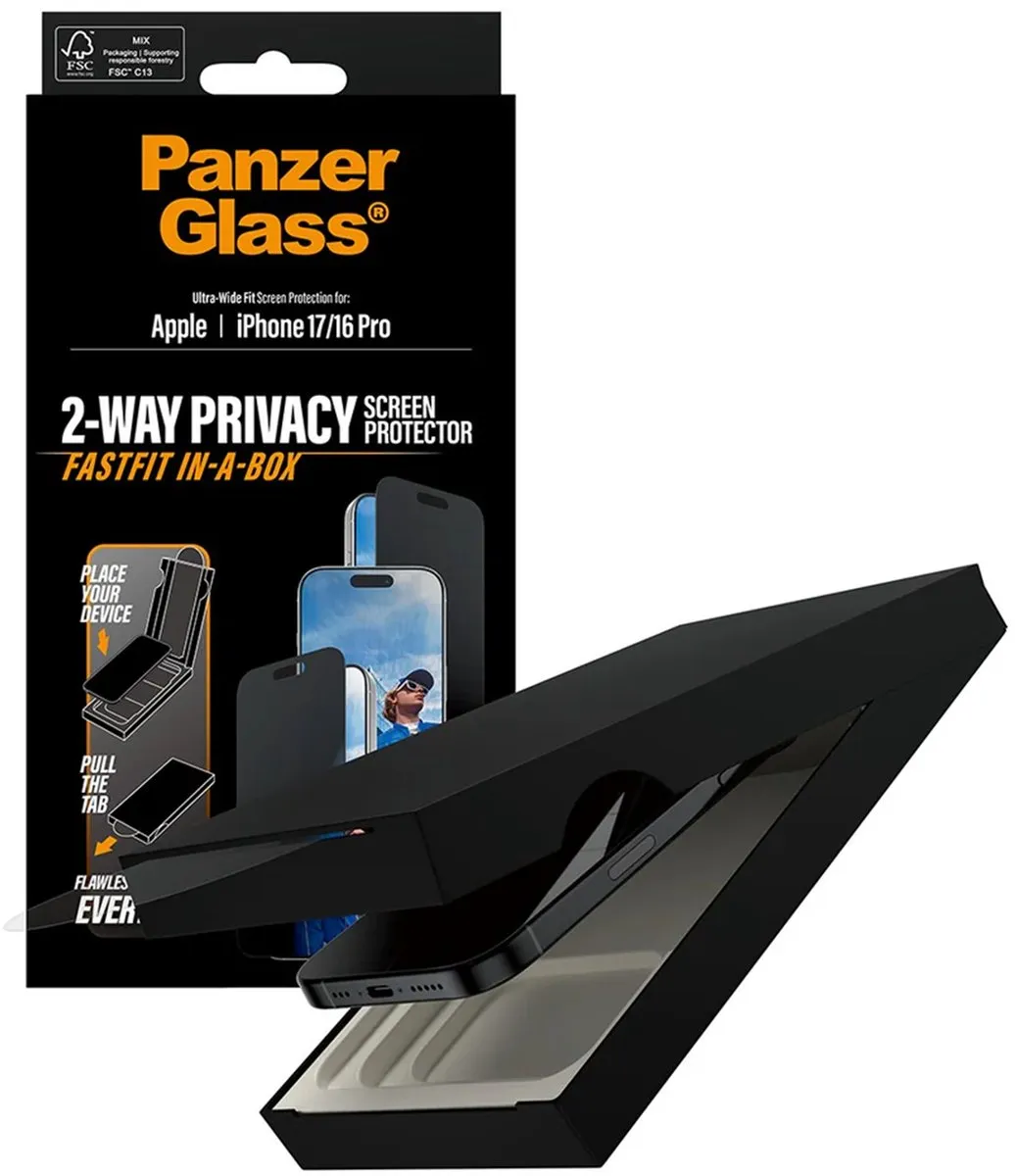 PanzerGlass Screenprotector geschikt voor Apple iPhone 16 Pro Glazen | PanzerGlass FastFit Screenprotector Privacy - Case Friendly - Zwart