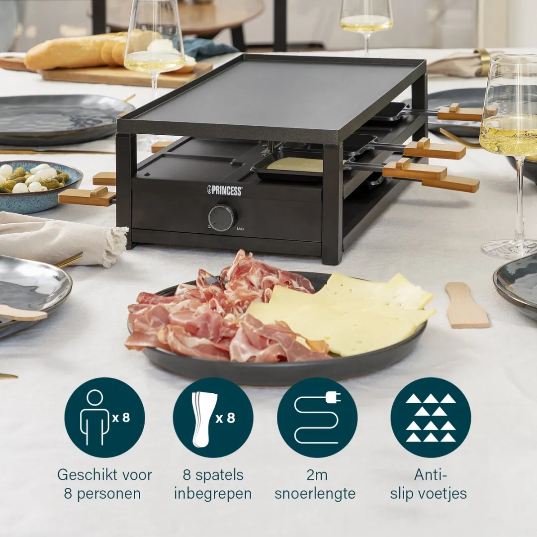 Princess Gourmetstel 162655 Raclette - 8 Personen - 1300W - Zwart
