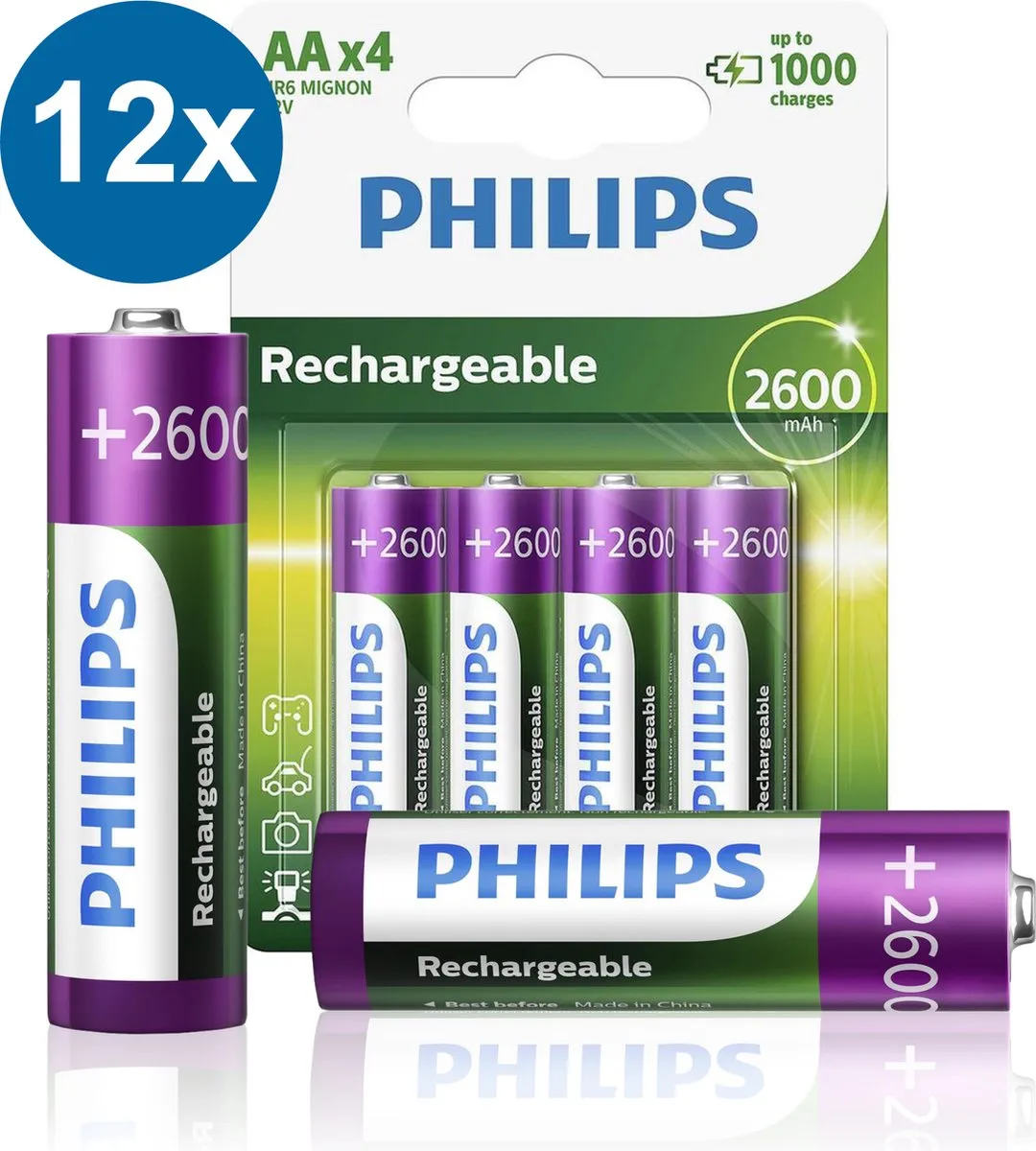 Philips Oplaadbare AA Batterijen HR6 2600mAh - 12 Stuks