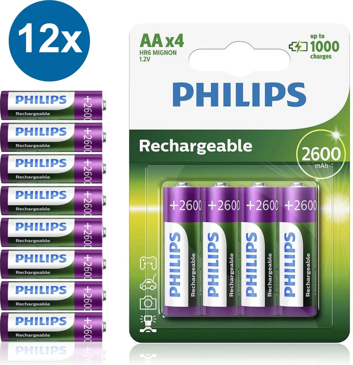 Philips Oplaadbare AA Batterijen HR6 2600mAh - 12 Stuks