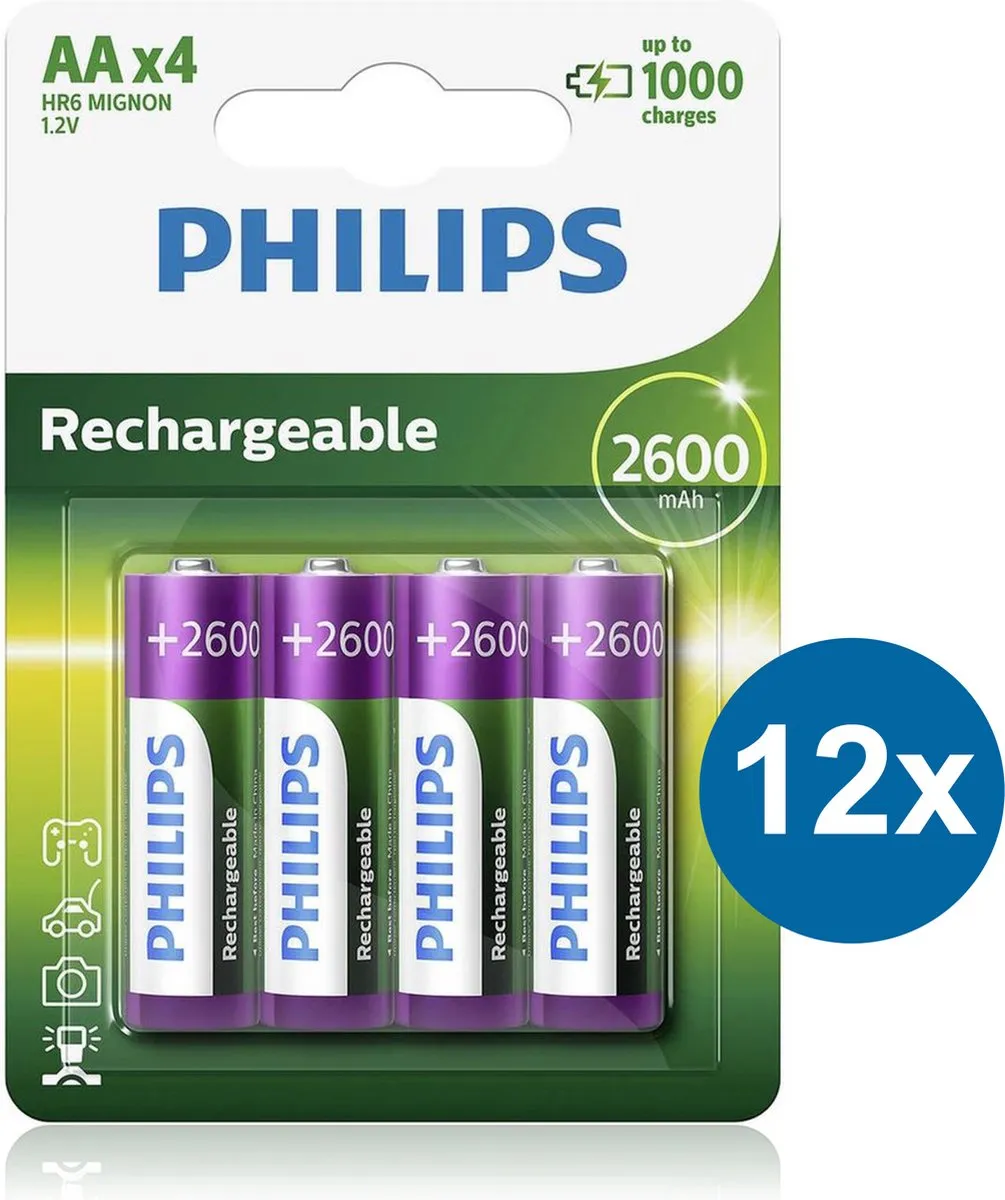 Philips Oplaadbare AA Batterijen HR6 2600mAh - 12 Stuks