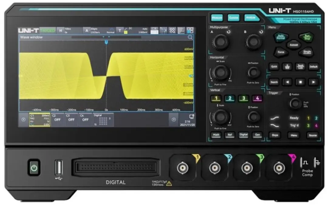 High-resolution oscilloscoop MSO, 4+16 kanalen, 12 bit, 150MHz, 2,5GSa/s, 100Mpt