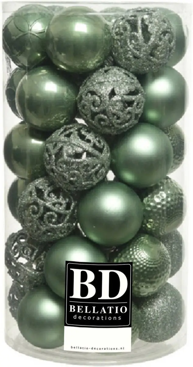 37x stuks kunststof kerstballen salie groen 6 cm inclusief kerstbalhaakjes