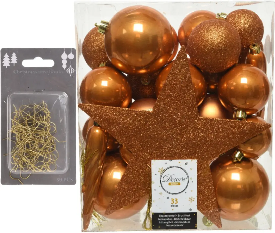 33x stuks kunststof kerstballen 5, 6 en 8 cm cognac bruin inclusief ster piek en