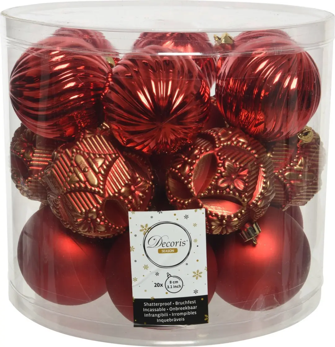 40x stuks kunststof kerstballen rood mix 8 cm